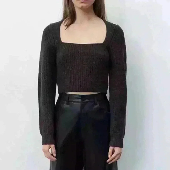 ZARA Wool Blend Cropped Sweater Square Neck Long Sleeve Pullover Size Small - Picture 1 of 6